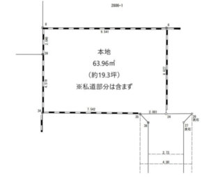 志木市柏町5丁目売土地の区画図。土地面積63.96㎡(約19.3坪)で、各辺の長さが記載されている。