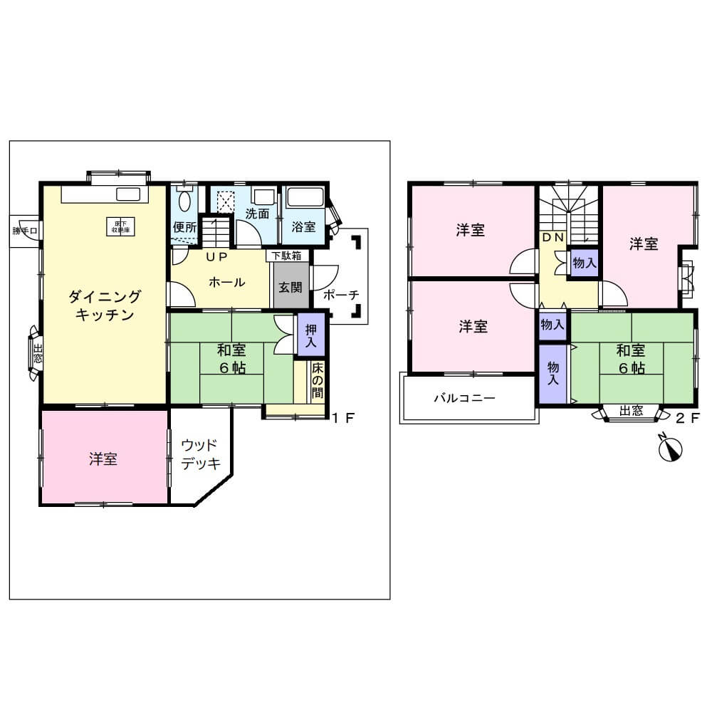市原市下野の中古戸建ての間取り図。1階にDK・洋室・和室、2階に洋室3部屋・和室を備えた部屋数の多い6LDK。ウッドデッキやバルコニー、豊富な収納も特徴です。