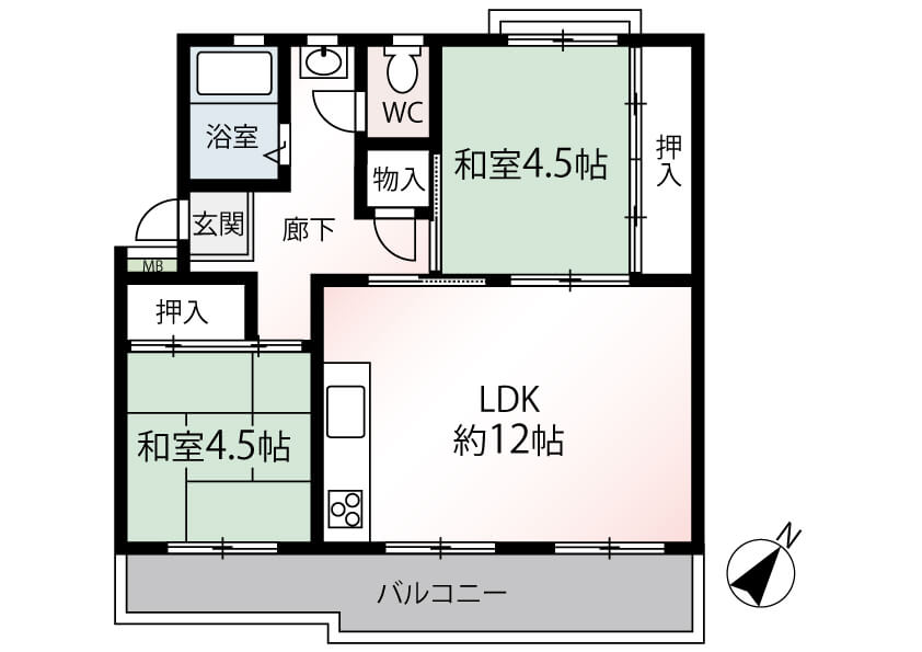 相模台団地1-5号棟の2LDKの間取り図。LDK約12帖、和室4.5帖が2部屋、浴室、トイレ、洗面所、押入れが配置されている。