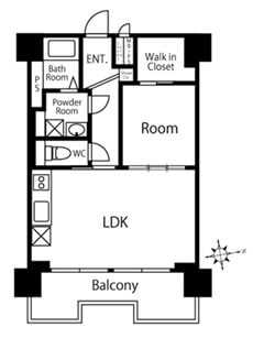 マリンシティダイヤモンドパレスの1LDK間取り図。LDK、洋室、ウォークインクローゼット、バルコニー、玄関収納などの配置。リビングは東向き