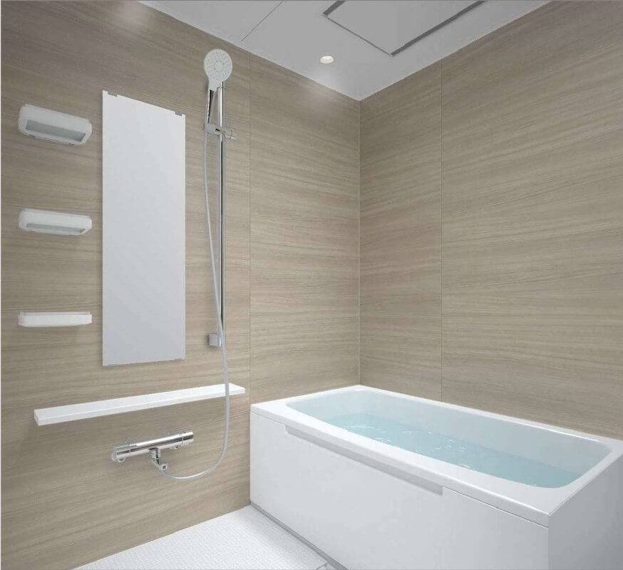 木目調のパネルが落ち着いた雰囲気を演出するユニットバスのCGイメージ。清潔感のある広々とした浴室プラン。